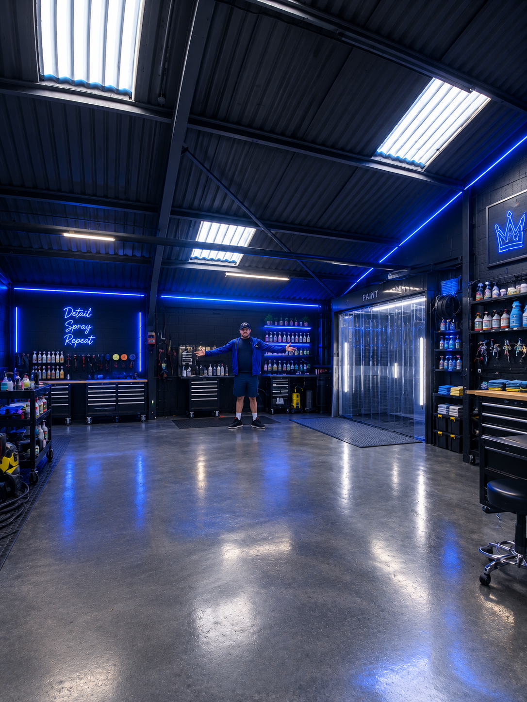 Inside the Getail detailing workshop with blue lighting